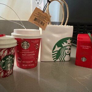 Set of 3 Starbucks Ornaments + Peppermint Hot Cocoa ornament container